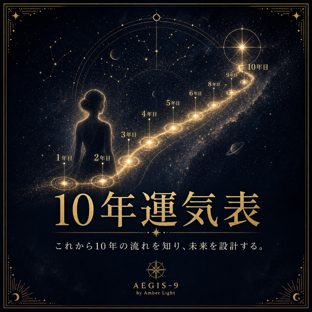 AEGIS-9の10年運気表PDF鑑定書イメージ。これからの流れを知り未来の計画に活かす未来鑑定メニュー。