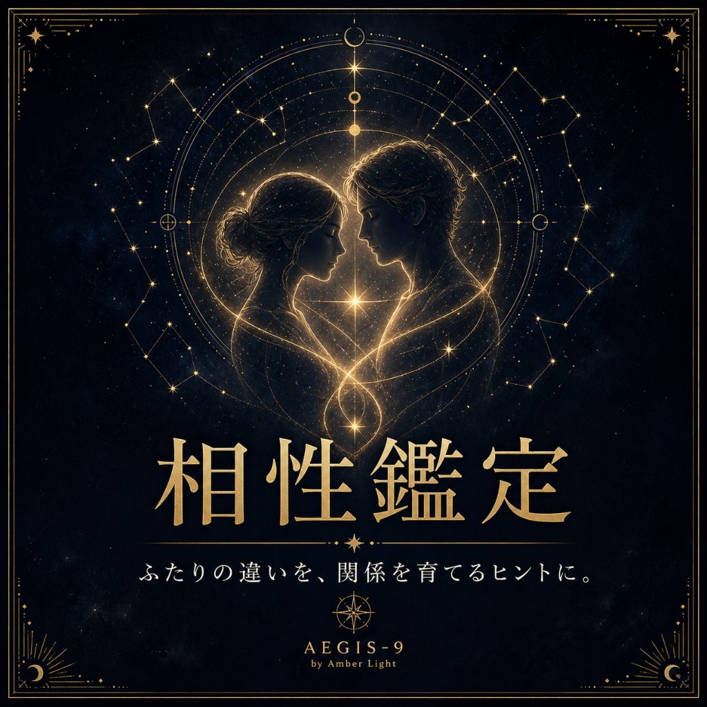 AEGIS-9の相性鑑定PDF鑑定書イメージ。関係性を前向きに育てるための相性読み解きメニュー。